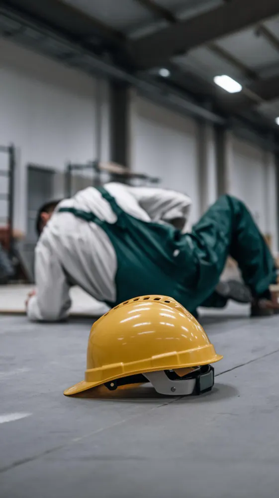 Capacete caído no chão de um galpão ao lado de trabalhador (imagem ilustrativa)